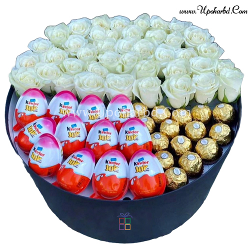 Large Roses WithCocholates Filled Hat Box.